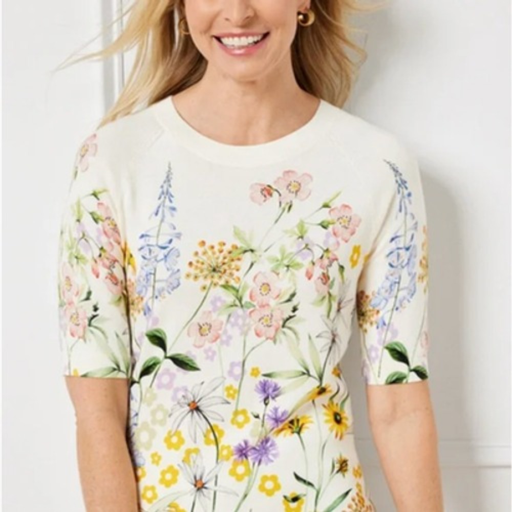 Talbots Cream Floral Print Short Sleeve Knit Sweater Large Spring Wild Flowers